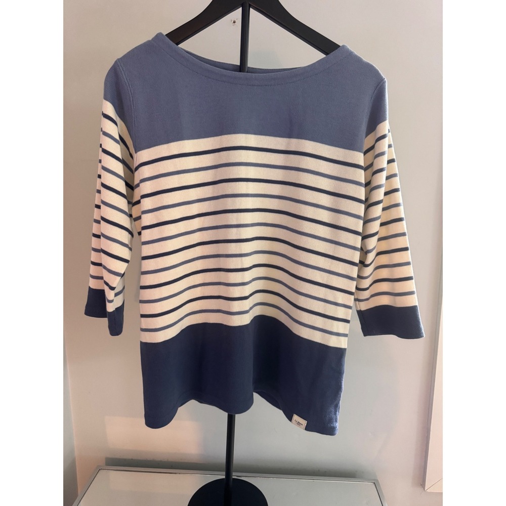 LL Bean Womens Blue White Striped 100% Cotton Boat Neck 3/4 Sleeve Top Large